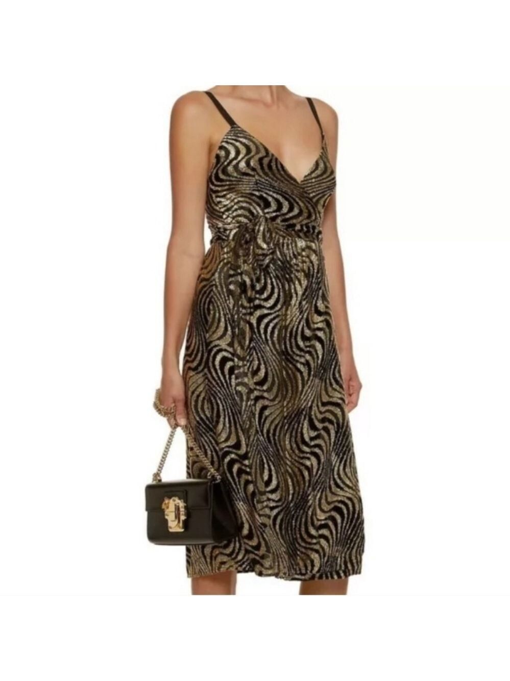 Milly Gold Metallic Silk Blend Spaghetti Strap Wrap Dress